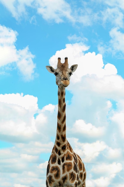 Mooie gevlekte Afrikaanse giraf tegen blauwe hemel