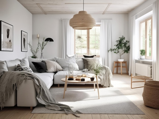 Mooie gezellige beige Scandinavische woonkamer met houten meubels Generatieve AI