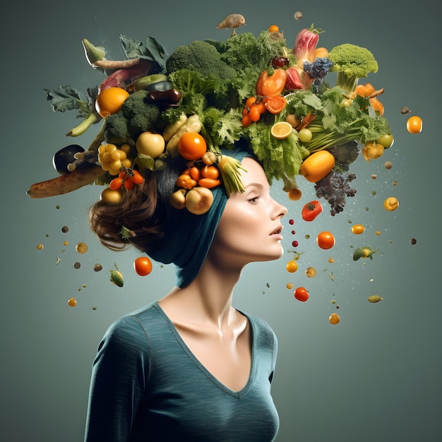 Mooie gezonde levensstijlvrouw met creatieve illustratie van groenten en fruit