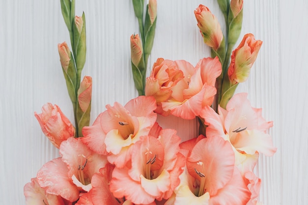 Mooie gladiolen bloemen op rustiek wit hout plat lag Happy Mothers Day en Womens Day