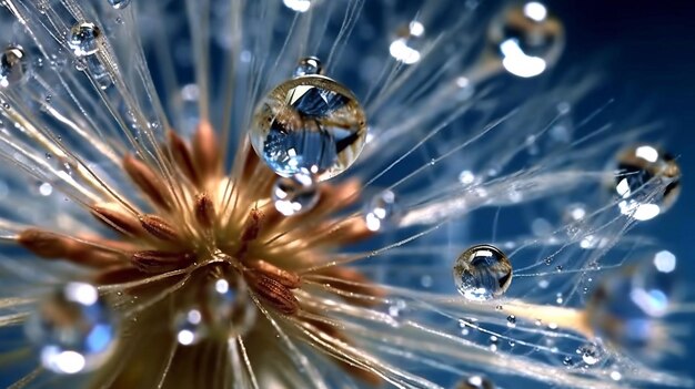 Mooie glanzende dauwwaterdruppel op paardenbloemzaad in de natuur macro Zachte selectieve focus sprankelende bo