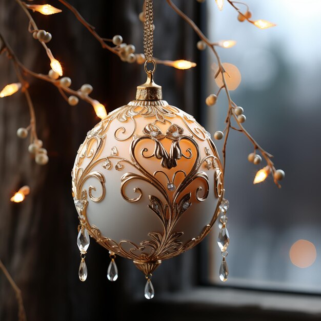 Foto mooie glanzende decoratieve speelgoed hangen op een tak in de buurt van de kerstboom in de kamer ai genereren