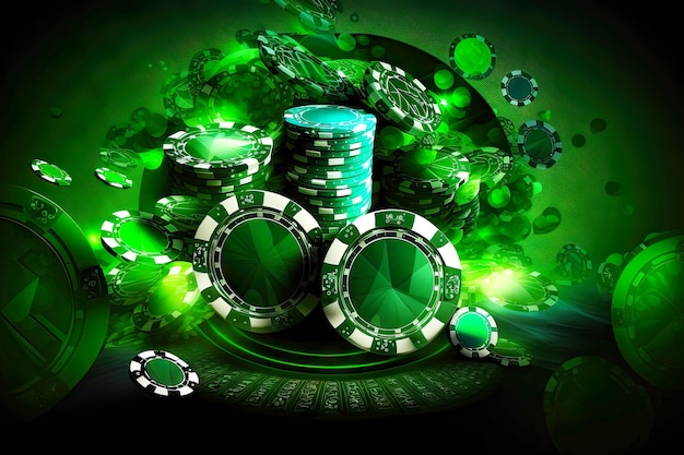 Mooie glanzende groene gokfiches en casino-elementen generatieve ai als achtergrond