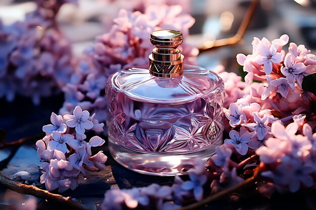Foto mooie glazen parfumfles en bloemen.