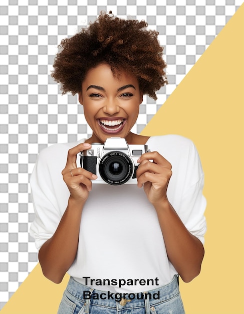 Mooie glimlachende jonge zwarte vrouw neemt een foto met een camera geïsoleerd op een doorzichtige achtergrond