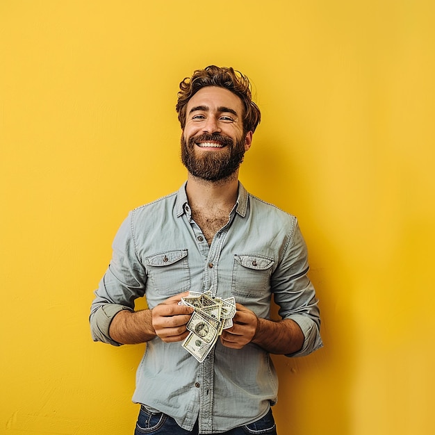 Mooie glimlachende man met baard in hemd met geld in de hand