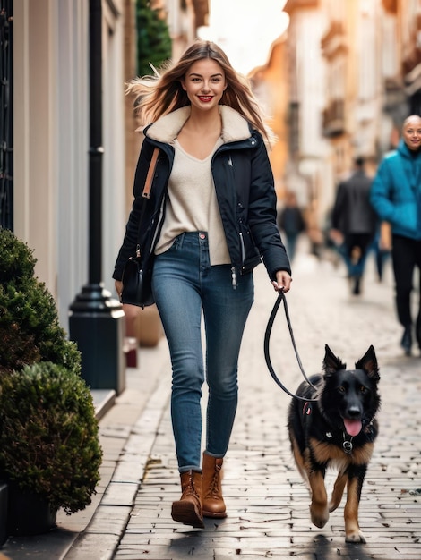 Mooie glimlachende meisje in zwarte jas die haar hond meeneemt op een wandeling door de stadsstraat.