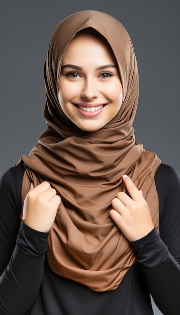 Mooie glimlachende moslimvrouw met een hijab op een grijze achtergrond