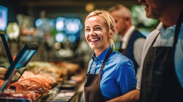 Foto mooie glimlachende vrouw die kassier is in de supermarkt.