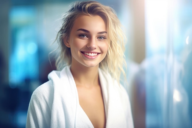 Foto mooie glimlachende vrouw met de witte handdoek op de achtergrond van de badkamer zelfzorg spa concept