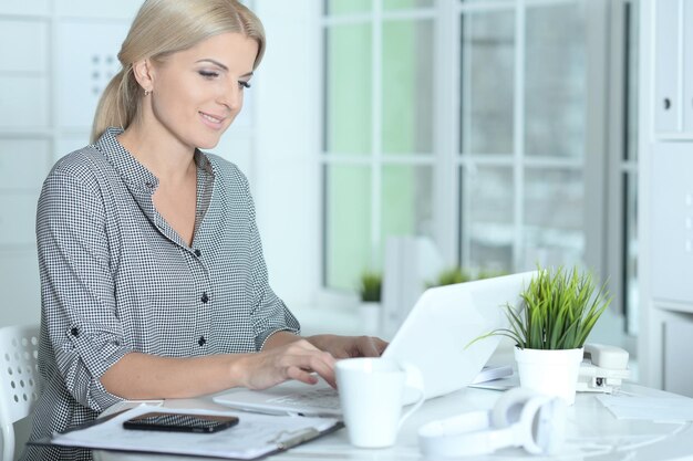 Mooie glimlachende zakenvrouw die thuis met laptop werkt