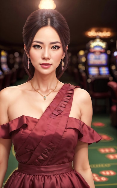 Mooie gokker aziatische vrouw in jurk bij luxe casino generatieve ai