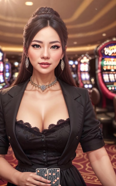 Mooie gokker Aziatische vrouw in jurk bij luxe casino generatieve AI