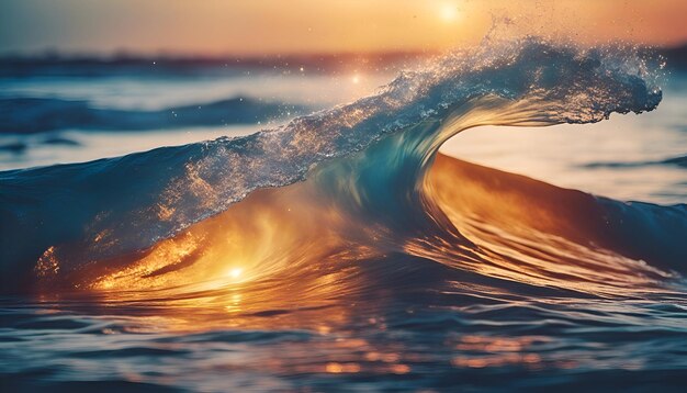 Foto mooie golven met spetteringen op het strand bij zonsondergang.