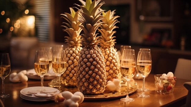 Mooie gouden ananasjes staan op de tafel naast glazen champagne warm avondlicht