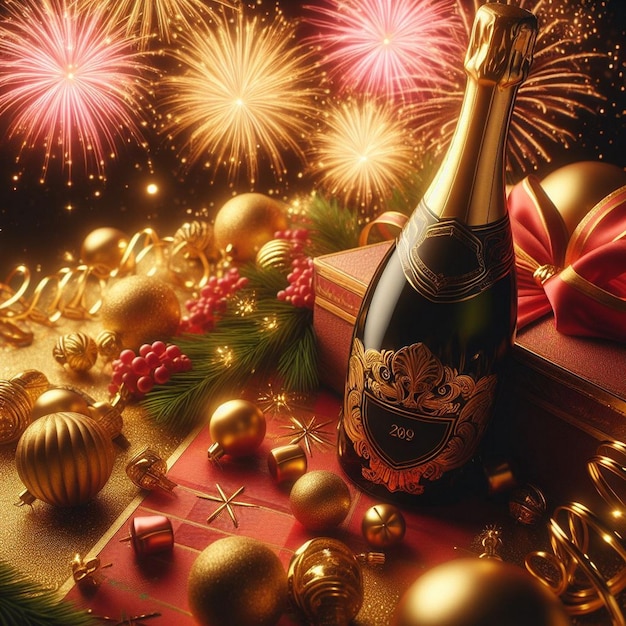 Mooie gouden en rode champagne fles Nieuwjaarsfeest met champagne Nieuwjaarfeest