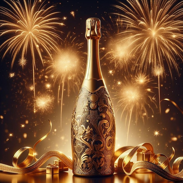 Mooie gouden en rode champagne fles Nieuwjaarsfeest met champagne Nieuwjaarfeest