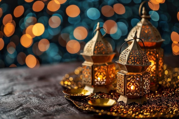 Mooie gouden moskee en lampen Eid