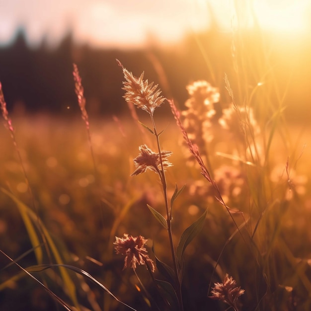 Mooie grasbloemen in de weide bij zonsondergang Natuur achtergrond