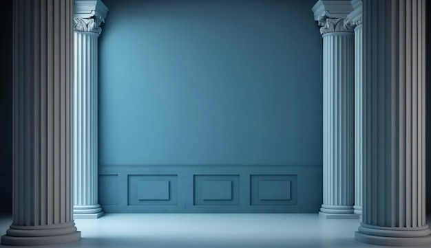 Mooie grijsblauwe lege muur met kolommen met zijdelingse verlichting Minimalistische achtergrond voor product