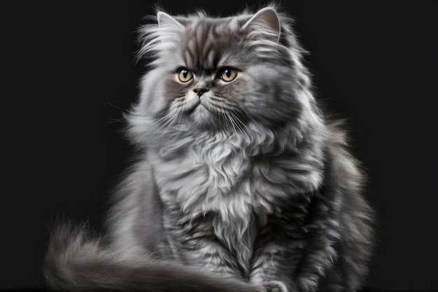 Mooie grijze Perzische kat op een zwarte achtergrond