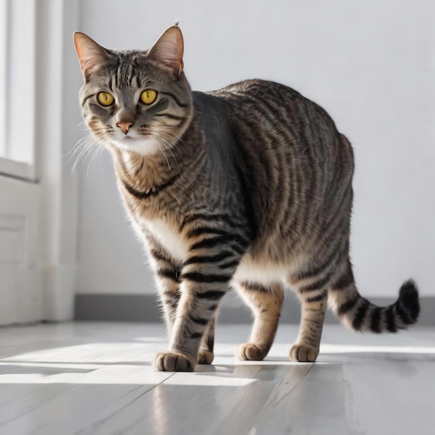 Mooie grijze tabby kat met gele ogen staat op de witte vloer