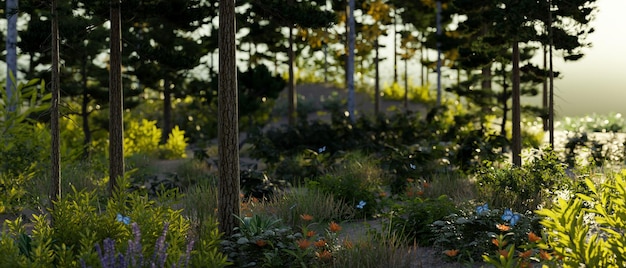 Mooie groene bosachtergrond met bomen wilde planten en bloemen tropisch natuurlandschap