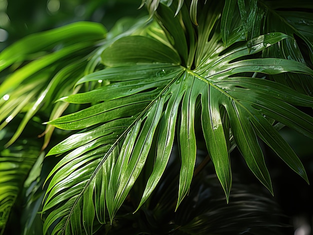 Mooie groene jungle van weelderige palmblaadjes Generatieve AI