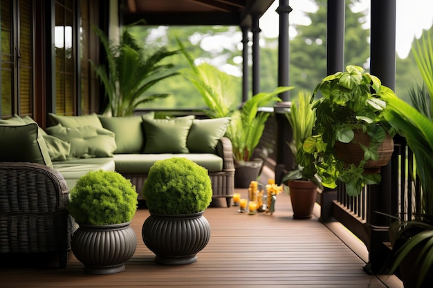 Foto mooie groene veranda van een huis met veel planten