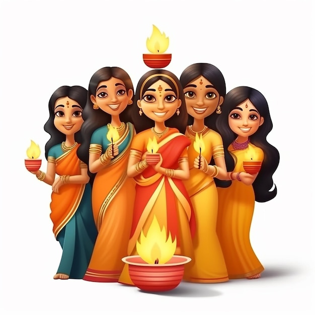 mooie groep vrouwen in saree met Diwali olie lamp cartoon vector illustratie