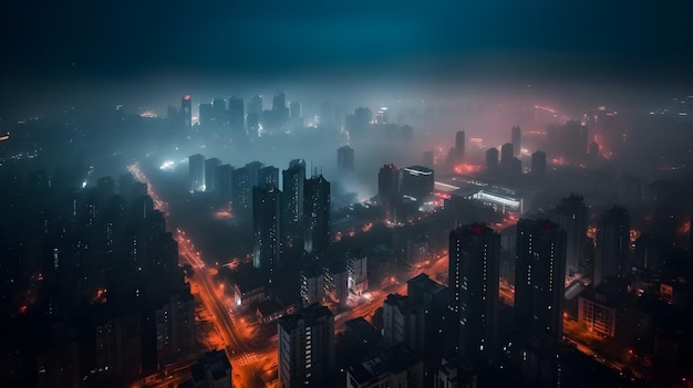 Mooie grootstedelijke stad wolkenkrabber hoogbouw gebouw in de nachtelijke hemel drukke nachtleven mistige mistige stad landschap