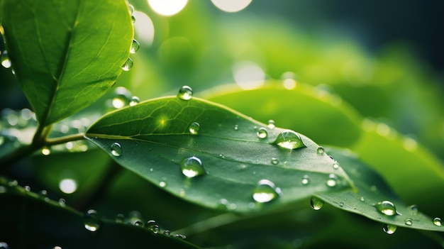 Mooie grote heldere regendruppels op groen blad macro