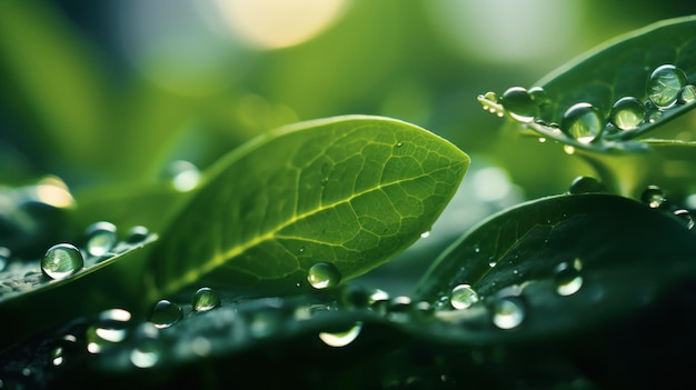 Mooie grote heldere regendruppels op groen blad macro