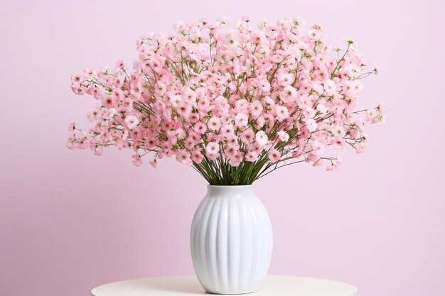 Mooie gypsophila bloemen in een zachte roze vaas op een witte tafel op een roze achtergrond