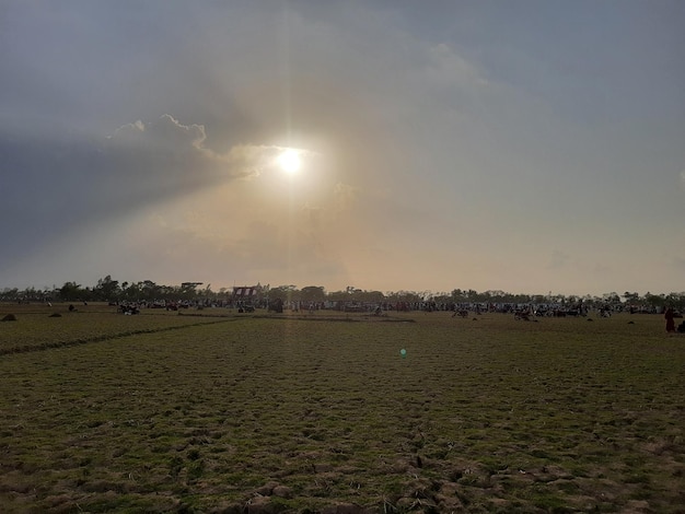 Mooie hemel met zonsondergang in een modderig veld.