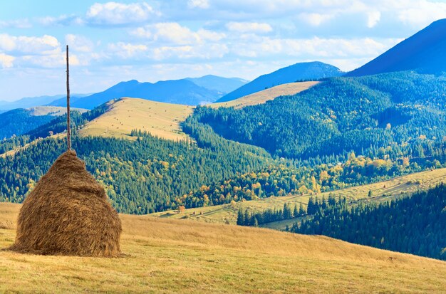 Mooie herfst berg en hooiberg op berghelling (Karpaten. Oekraïne)