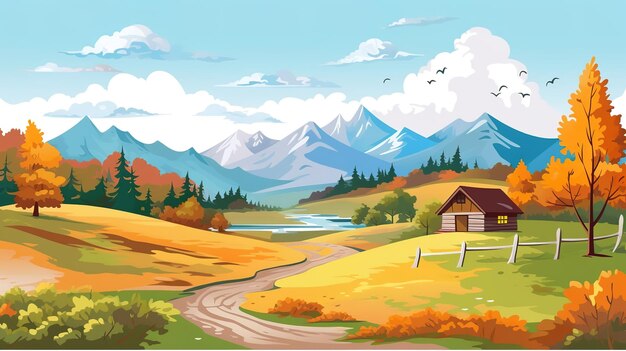 Mooie herfst cartoon landschapsillustratiesAI gegenereerd