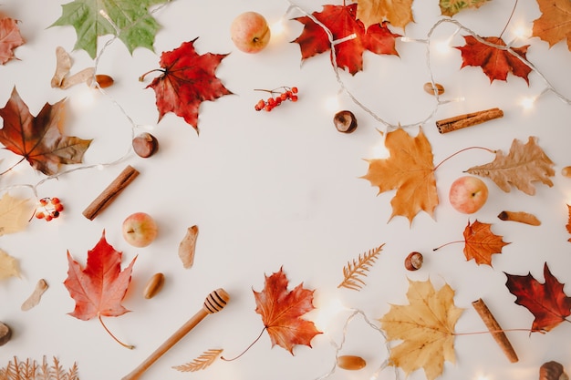 Mooie herfst flatlay frame van oranje en rode bladeren creatieve herfst patroon briefkaart kopie ruimte...