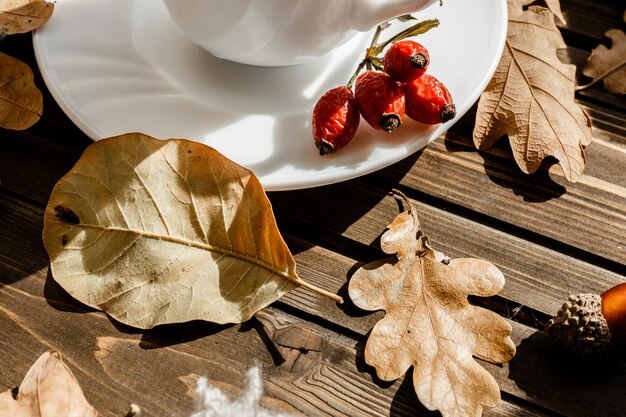 Mooie herfstcompositie met herfstbladeren en rozenbottel op een rustieke houten achtergrond herfstseizoen concept