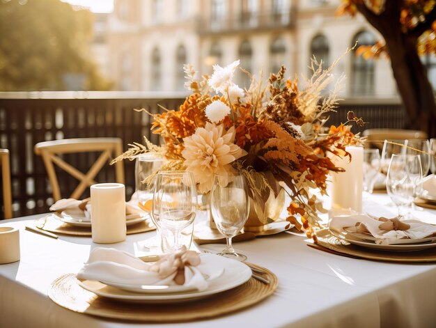 Mooie herfsttafelsetting herfsttafeldecoratie met bloemen en kaarsen