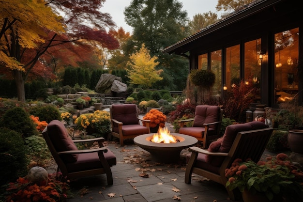 Mooie herfsttuin residentiële achtertuin met buitenstoelen en open haard met vlam gezellige herfst landschapsontwerp