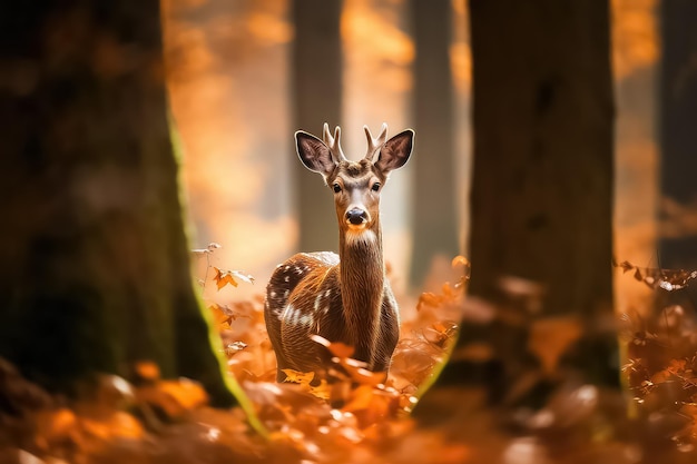 Mooie herten in het herfstbos in volle groei