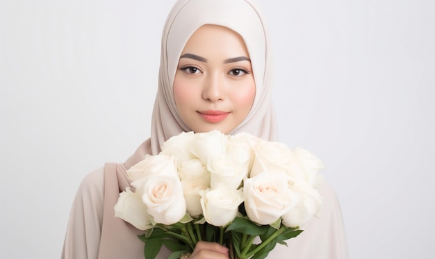 Foto mooie hijab vrouw brengen witte roos emmer