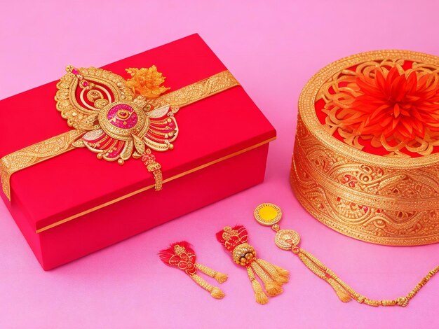 Mooie hindoe traditionele raksha bandhan festival achtergrond en geschenk doos ai gegenereerd