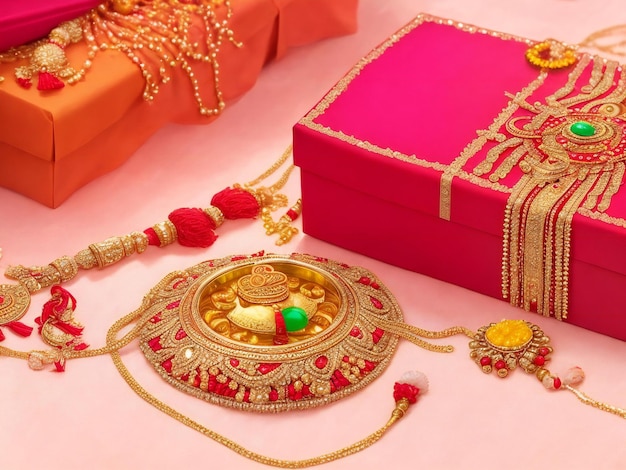 Mooie hindoe traditionele raksha bandhan festival achtergrond en geschenk doos ai gegenereerd