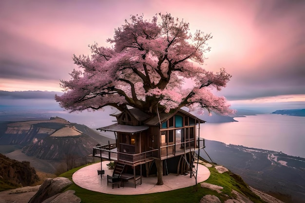 Mooie hobbelige bloemrijke boomhut in een gigantische woo passerende roekeloos volhardende AI gegenereerd