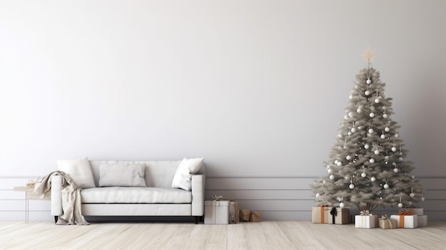 Foto mooie holdiay ingerichte kamer met kerstboom met cadeautjes eronder lege ruimte