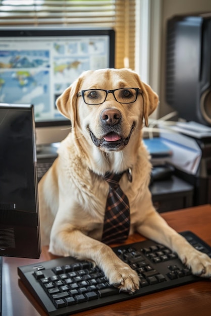 Mooie hond die in een kantoor werkt met een laptop.