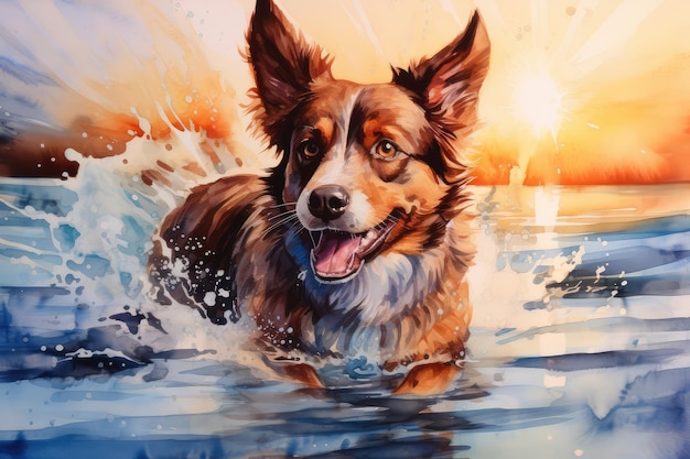 Mooie hond die op het strand loopt in de oceaan golven bij zonsondergang waterverf schilderij