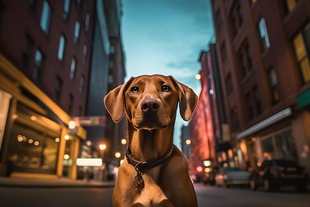 Mooie Hongaarse Vizsla-hond in de stad 's nachts